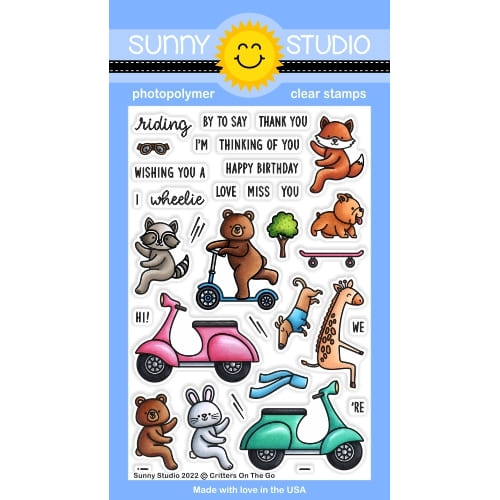 Sunny Studio Critters on the Go 4x6 Animals Riding Scooter & Skateboard Photopolymer Clear Stamps