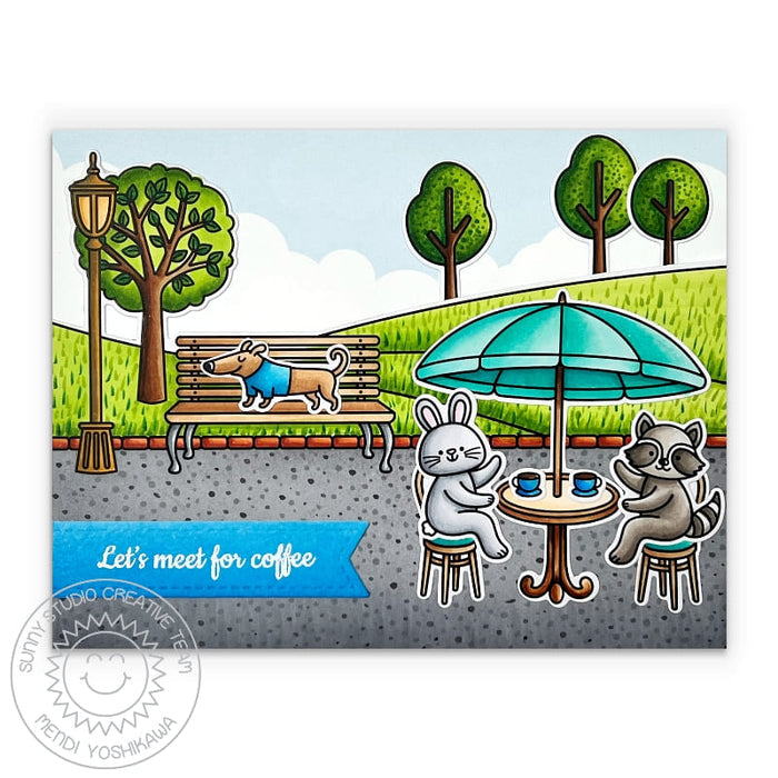 Sunny Studio Let's Meet For Coffee Bunny, Raccoon & Dog in the Park Cafe Card (using Critters on the Go 4x6 Clear Stamps)