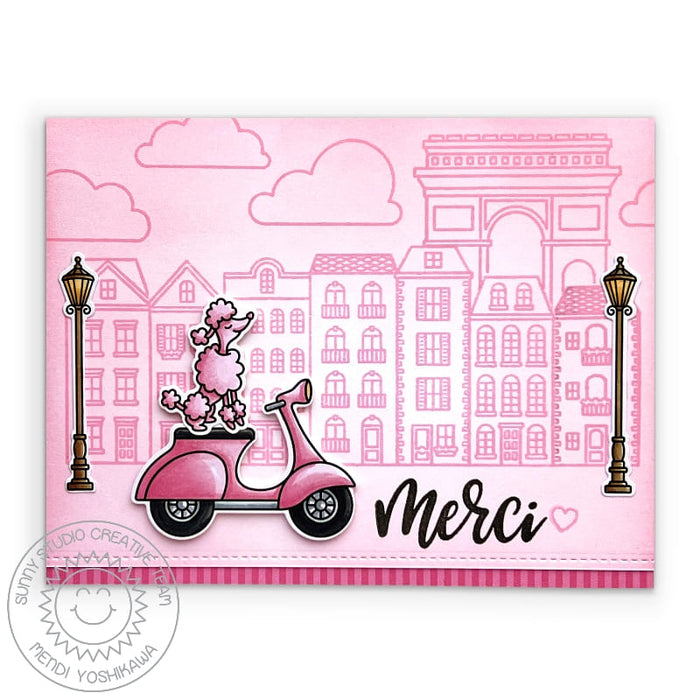 Sunny Studio Pink Poodle on Scooter in City of Paris Merci Thank You Card (using Critters on the Go 4x6 Clear Stamps)