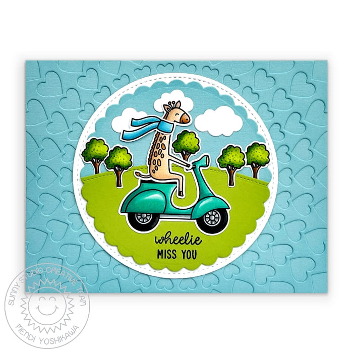 Sunny Studio I Wheelie Miss You Punny Giraffe Riding Scooter Card (using Critters on the Go 4x6 Clear Photopolymer Stamps)