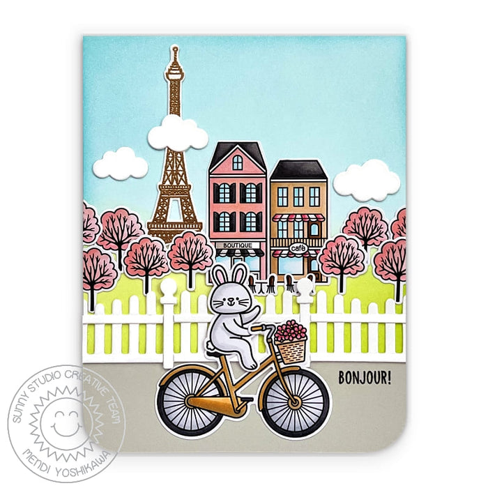 Sunny Studio Bonjour Bunny Riding Bicycle In Paris Spring Card (using Critters on the Go 4x6 Clear Photopolymer Stamps)