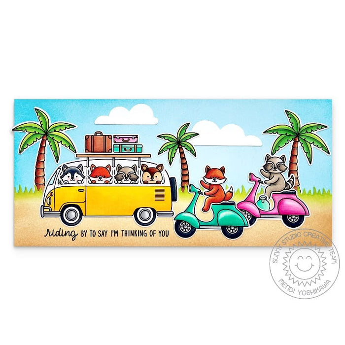 Sunny Studio Riding By To Say I'm Thinking of You Bus & Scooters Summer Slimline Card using Critters on the Go Clear Stamps