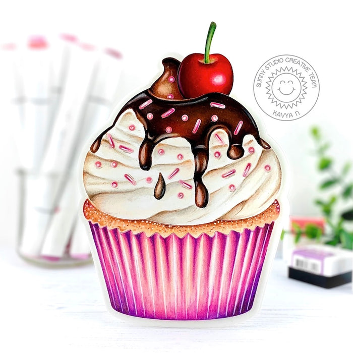 Sunny Studio Realistic Copic Coloring Cupcake Birthday Card (using A2 Cupcake Shape Metal Cutting Dies)