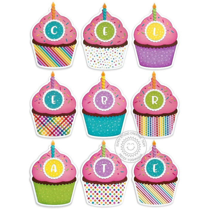 Sunny Studio Stamps Celebrate Cupcake Shaped Girl's Birthday Banner (using Cupcake Shape Metal Cutting Dies)