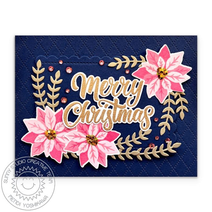 Sunny Studio Stamps Pink, Navy & Gold Poinsettia Christmas Card (using Dotted Diamond Landscape Background Die)