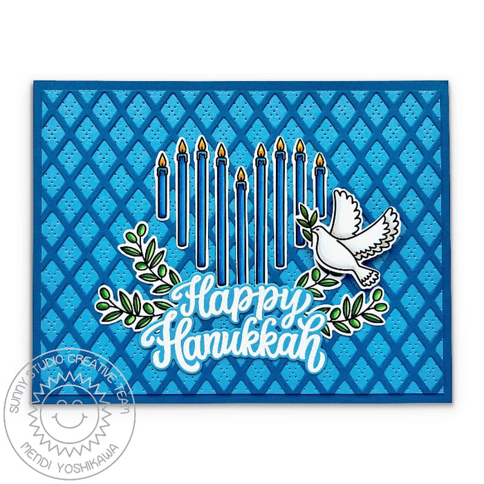 Sunny Studio Heart Shaped Menorah Candles & Dove with Olive Branch Argyle Hanukkah Card (using Dotted Diamond Landscape Die)