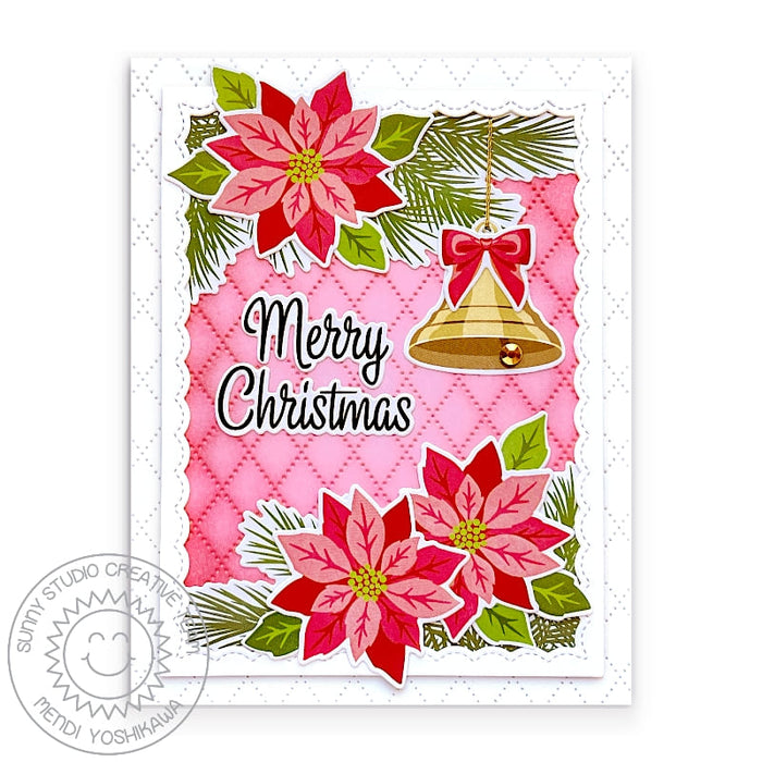 Sunny Studio Holiday Bell & Christmas Poinsettias Scalloped Card with Pierced Background (using Dotted Diamond Portrait Metal Cutting Die)