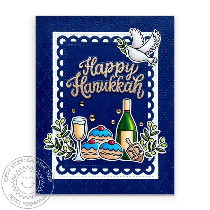 Sunny Studio Dove with Olive Branch, Wine Bottle, Glass, Pastries & Dreidel Hanukkah Card (using Dotted Diamond Portrait Die)