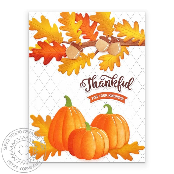 Sunny Studio Stamps Thankful for your Kindness Fall Leaves Pumpkins Autumn Card using Dotted Diamond Portrait Metal Craft Die