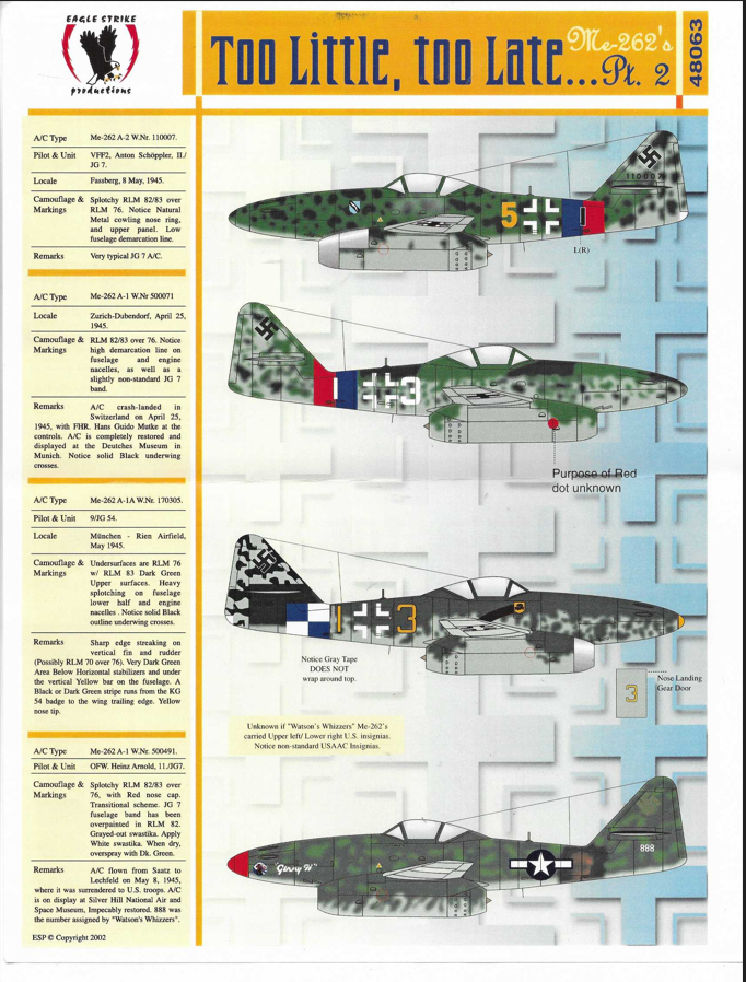 Eagle Strike Me-262 A-1/A-2, Too Little, Too Late Part II Decals 1/48 063