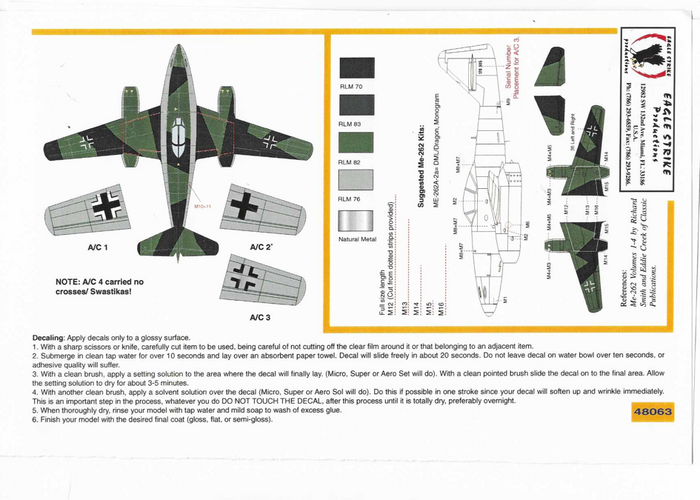 Eagle Strike Me-262 A-1/A-2, Too Little, Too Late Part II Decals 1/48 063