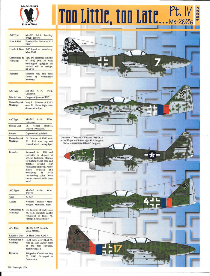 Eagle Strike Me-262 A-1/A-2, Too Little, Too Late Part IV Decals 1/48 065