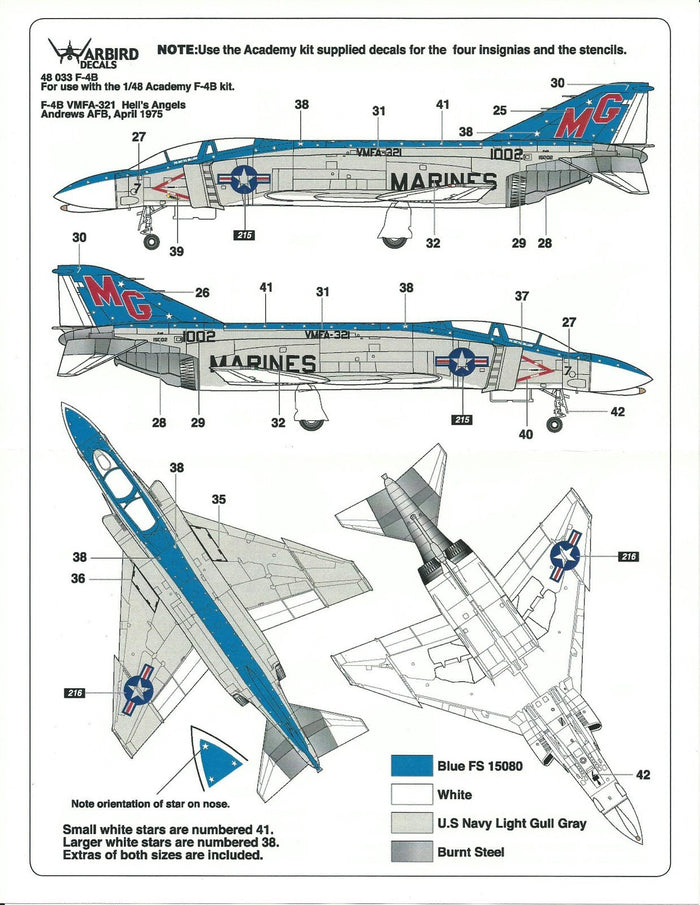 F-4B Phantom, USAF F-110A Spectre, Colorful USMC VMFA-321 Decals 1/48 WBD48 033