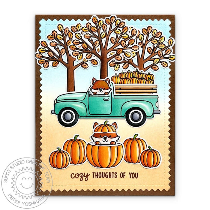 Sunny Studio Cozy Thoughts of You Fox with Pumpkins & Aqua Pick-up Truck Autumn Card using Fall Friends Clear Craft Stamps