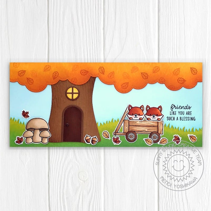 Sunny Studio Autumn Tree House with Fox in Wagon Slimline Card (using Fall Friends 4x6 Clear Photopolymer Stamps)