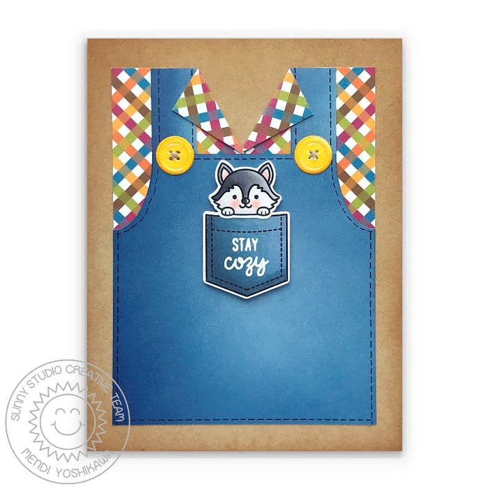 Sunny Studio Miniature Husky Puppy Dog in Overall Pocket Fall Handmade Card (using Fall Friends 4x6 Clear Stamps)