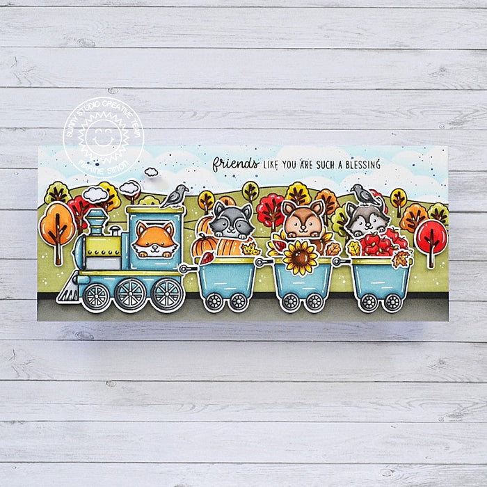 Sunny Studio Autumn Pumpkins, Sunflowers, Leaves & Apples Critter Train Slimline Card (using Fall Friends 4x6 Clear Stamps)