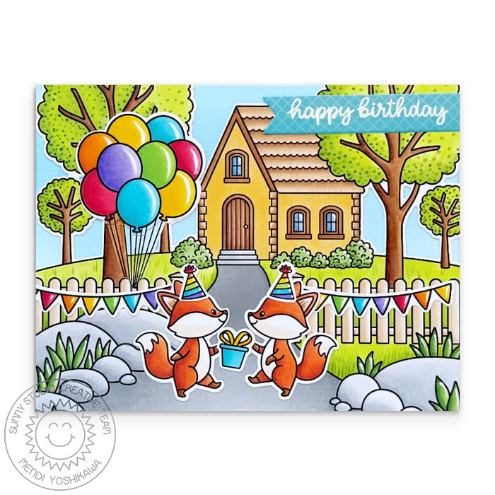 Sunny Studio Fox Critters House Birthday Party Scene with Balloons Handmade Card using Foxy Friends 4x6 Clear Craft Stamps