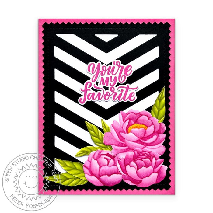 Sunny Studio Stamps Pink Peonies You're My Favorite Black & White Card using Frilly Frames Chevron Metal Cutting Craft Dies
