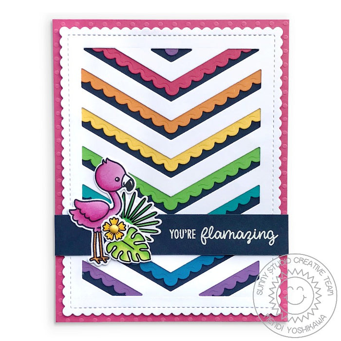 Sunny Studio Stamps Rainbow Scalloped Chevron Summer Flamingo Card (using Frilly Frames & Fishtail Banner Metal Cutting Dies)