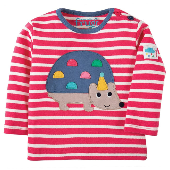 Frugi Baby's Button Applique Top in Raspberry with Hedgehog - 6-12M