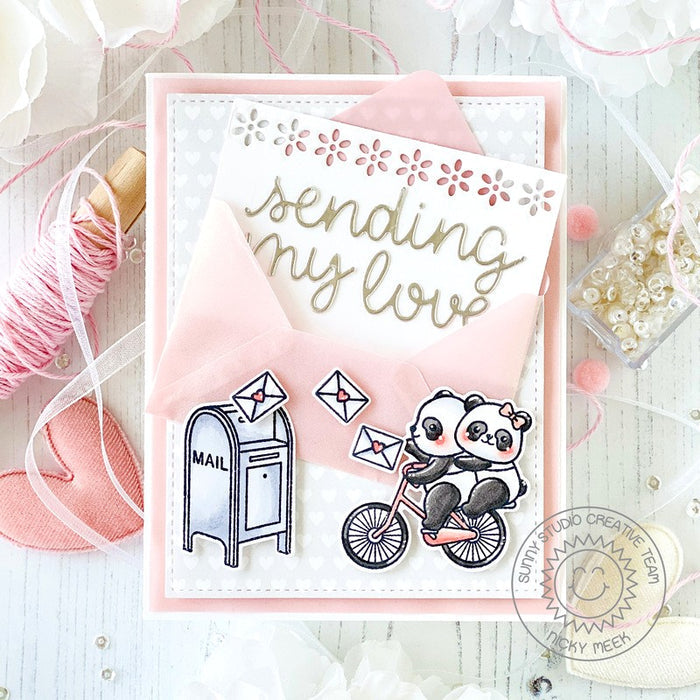 Sunny Studio Stamps Sending My Love Pandas on Bicycle Valentine's Day Card using Vellum Gift Card Envelope Metal Cutting Dies