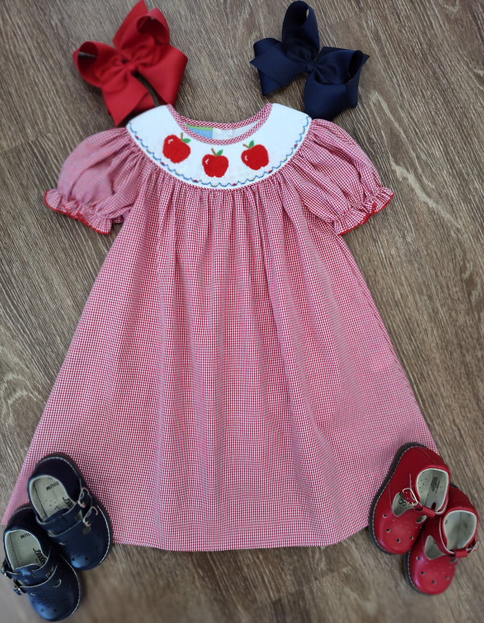 Girls Back To School Smocked Bishop Dress with Apples