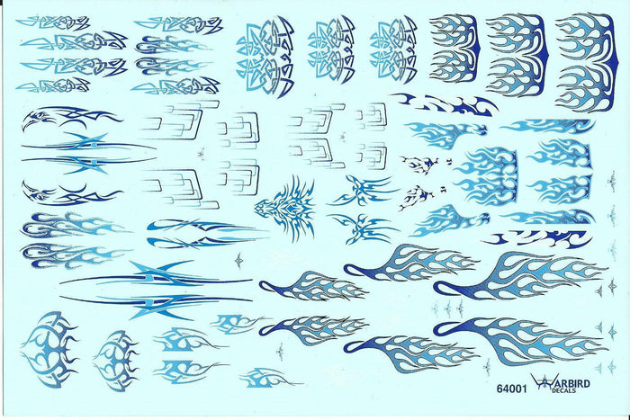 Hi Quality, Waterslide Blue Flame, Tribal Decals for 1/64 Diecast Cars WBD 64001