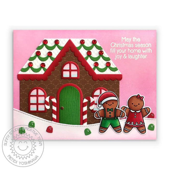 Sunny Studio Gingerbread House with Boy & Girl Holiday Christmas Card (using Icing Border Metal Cutting Dies)