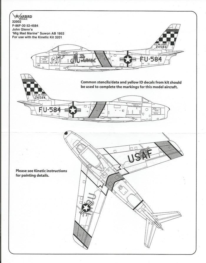 John Glenn's F-86F-30 Sabre Decals 1/32 002, 'Mig Mad Marine'