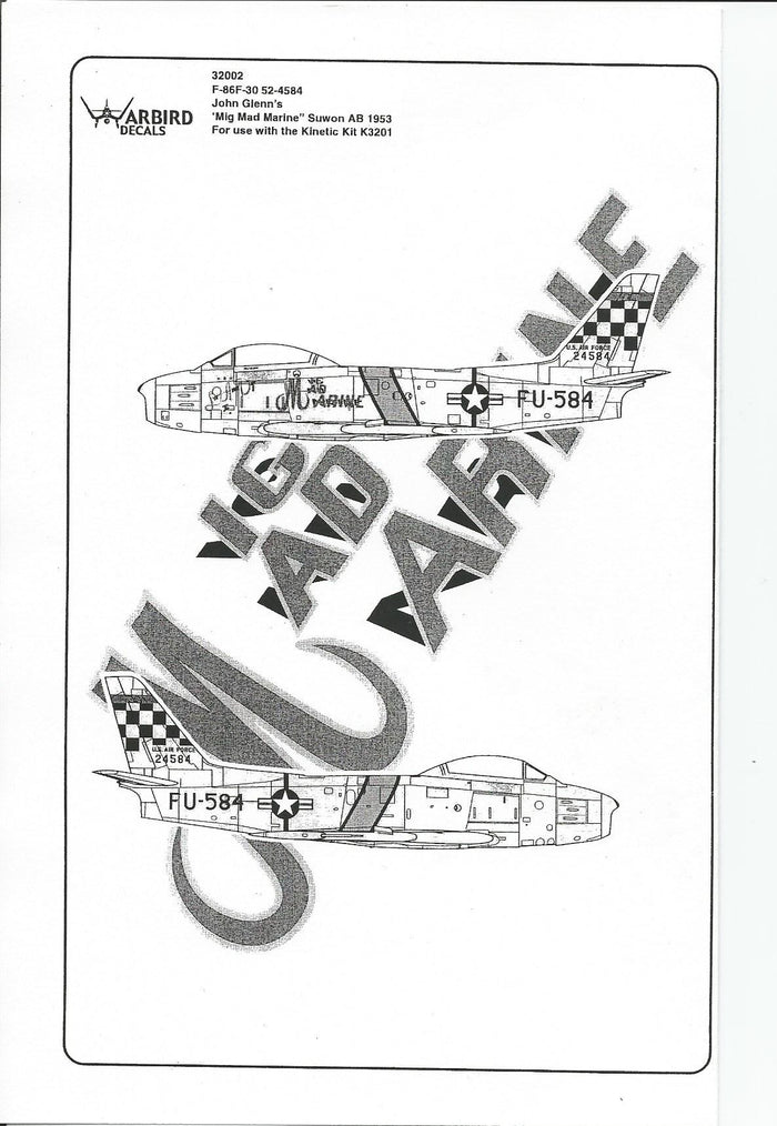 John Glenn's F-86F-30 Sabre Decals 1/32 002, 'Mig Mad Marine'
