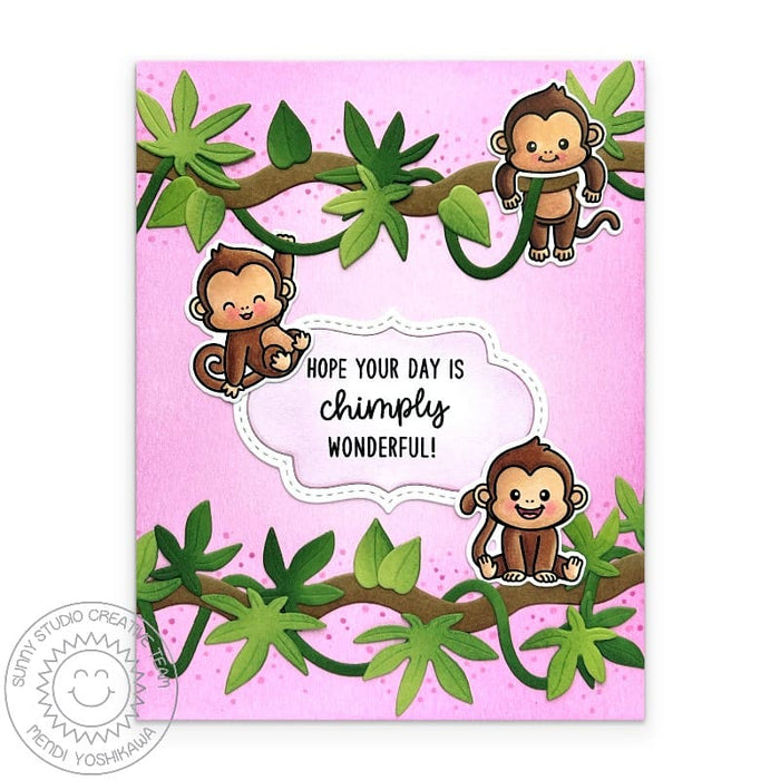 Sunny Studio Chimply Wonderful Punny Hanging Monkeys & Tropical Leaves Pink Card using Jungle Vines Metal Cutting Craft Dies