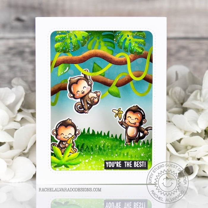 Sunny Studio Stamps Monkeys Hanging From Tree Handmade Pop-up 3D Shadow Box Card using Jungle Vines Metal Cutting Craft Dies