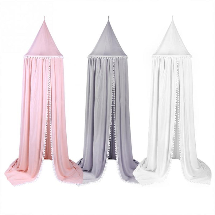 Kids Bed Canopy with Pom Poms Hanging - Cozy Nursery