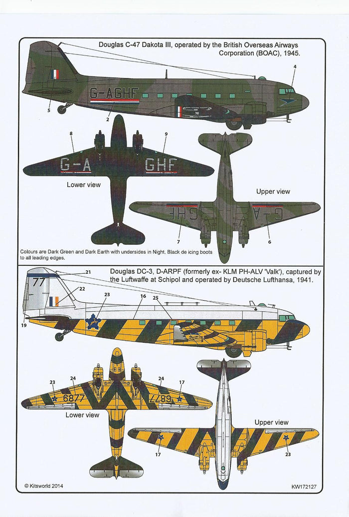 Kits - World Douglas C-47 Dakota, DC-3 Decals 1/72, 3 Options 172127