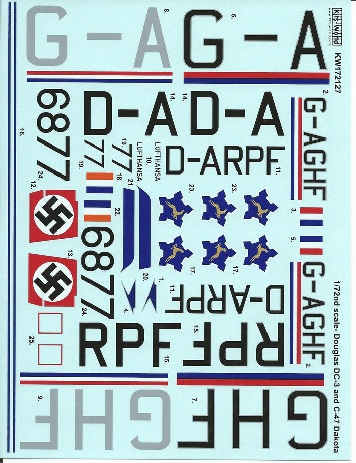 Kits - World Douglas C-47 Dakota, DC-3 Decals 1/72, 3 Options 172127