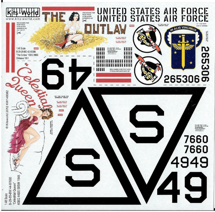 Kits World B-29 Super Fortress Decals 1/48 082 'The Outlaw', 'Celestial Queen'