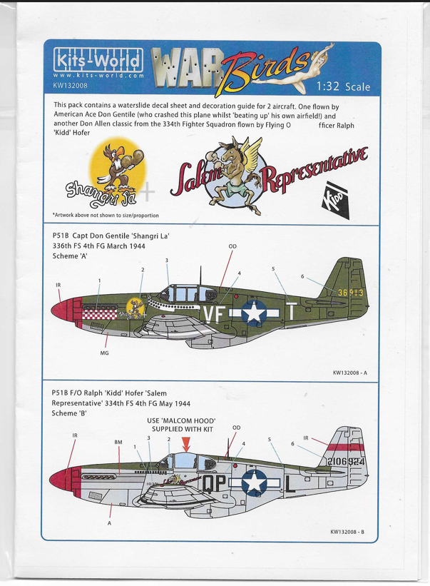 Kits-World P-51B Mustang Decals 1/32 008, 'Shangri-La' & 'Salem Representative'