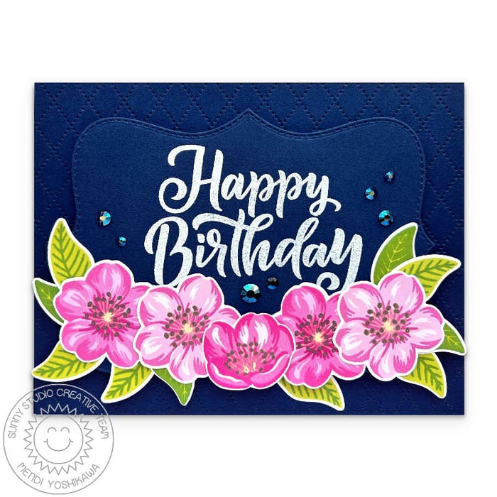 Sunny Studio Stamps Hot Pink Floral Cherry Blossoms Spring Birthday Card using Limitless Labels 1 Stitched Cutting Craft Dies