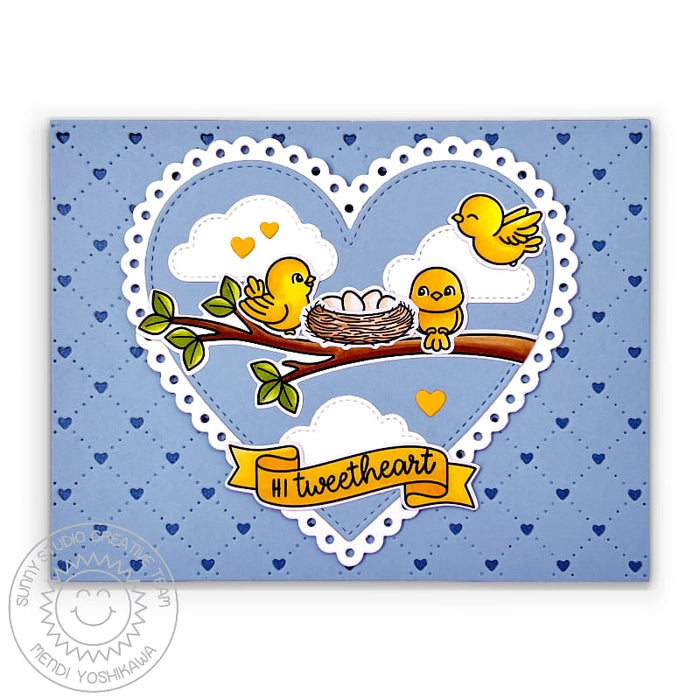 Sunny Studio Punny Birds with Nest on a Tree Branch Quilted Scalloped Heart Card (using Little Birdies 4x6 Clear Stamps)