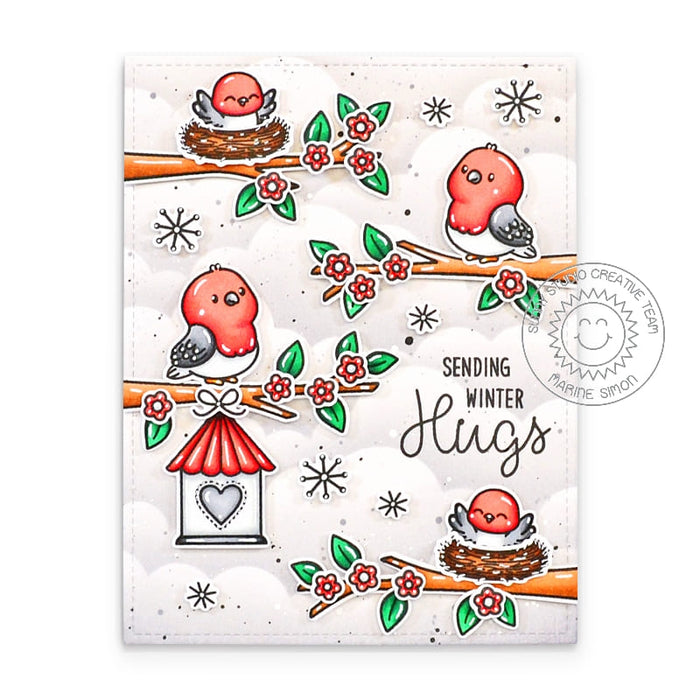 Sunny Studio Sending Winter Hugs Red Cardinals with Tree Branches, Birdhouse & Nest Card using Little Birdie Clear Stamps