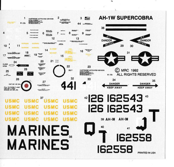 Loose, MRC AH-1W Supercobra Decals 1/35 NO INSTRUCTIONS