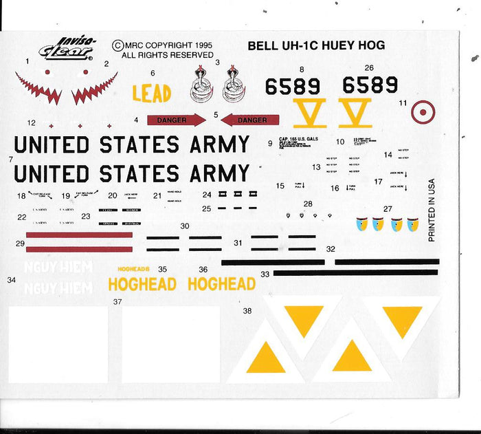 Loose, MRC Bell UH-1C Huey Hog Decal Sheet #NN, No Instructions