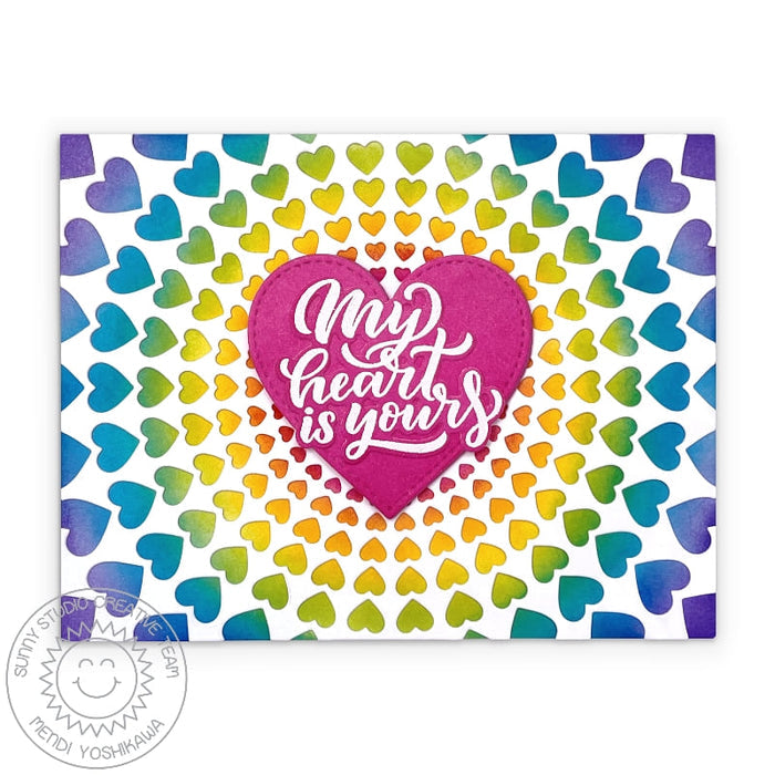 Sunny Studio My Heart is Yours Bursting Rainbow Hearts Valentine's Day Card (using Lovey Dovey 4x6 Clear Sentiment Stamps)