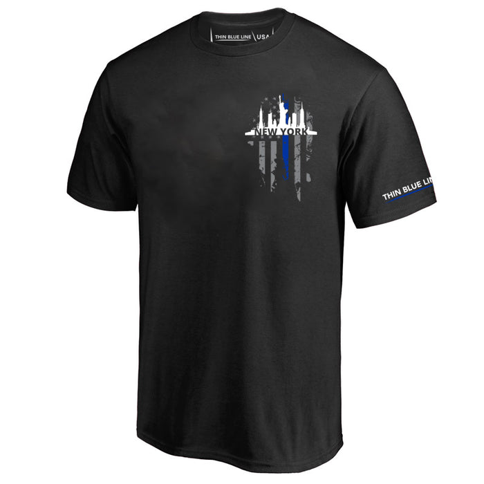 Men's T-Shirt, Thin Blue Line New York Skyline, Small Logo