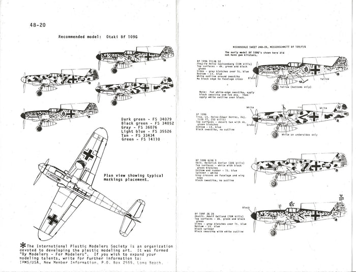 Microscale Messerschmitt Bf-109F/G Decals 1/48  0020, 4 Options