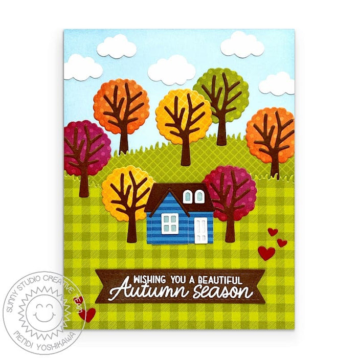 Sunny Studio Stamps Wishing You A Beautiful Autumn Fall House & Trees Card using Mini Grass Border Metal Cutting Craft Dies