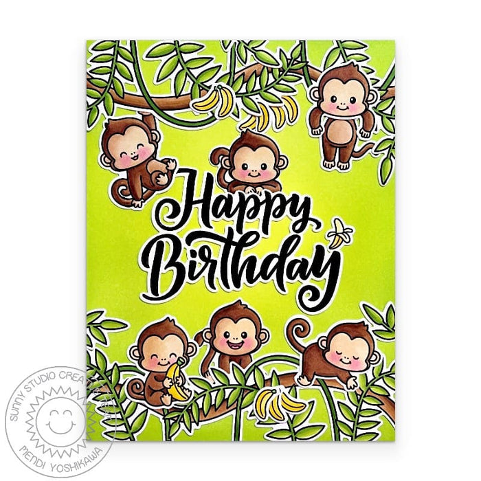 Sunny Studio Tropical Jungle Vines Handmade DIY Stamped Birthday Card using Monkey Business Clear Craft Stamps & Metal Dies