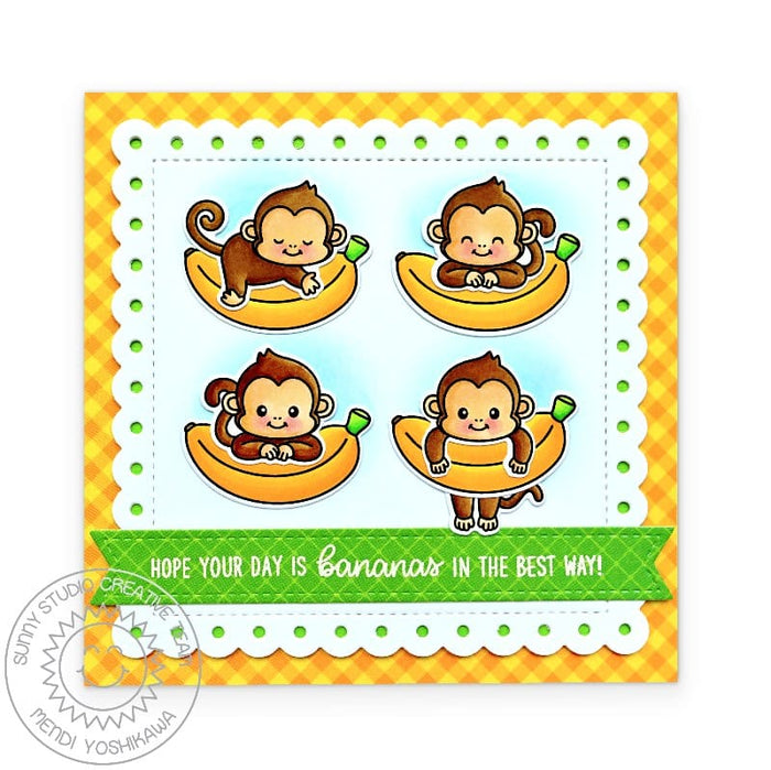 Sunny Studio Monkeys Hanging from Bananas Yellow Gingham Scalloped Square DIY Card using Monkey Business Clear Craft Stamps