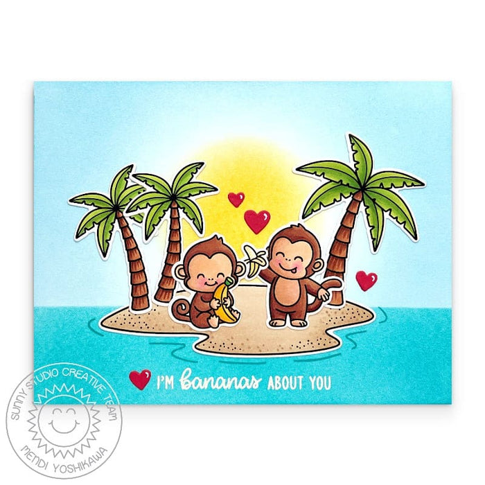 Sunny Studio "I'm Bananas For You" Monkeys on Tropical Island with Palm Trees Card using Monkey Business Clear Craft Stamps